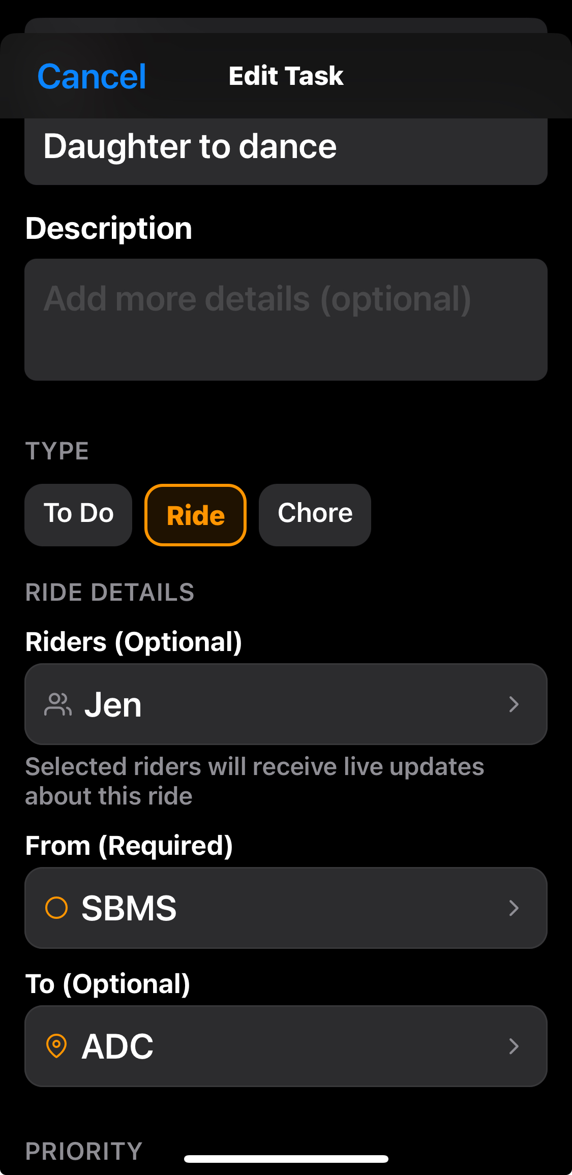 Screenshot of Ride edit view